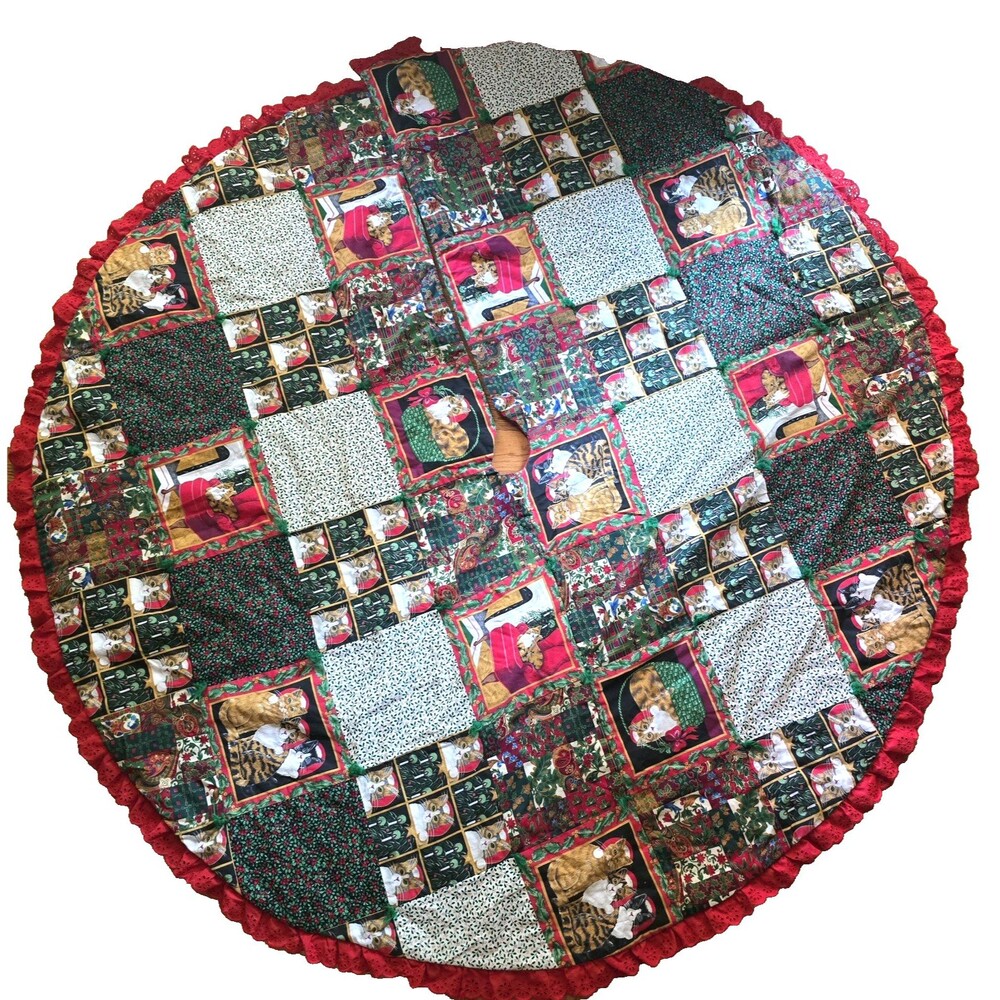 Handmade Quilted Cat Christmas Tree Skirt Patchwork Large Holiday Decor 57"